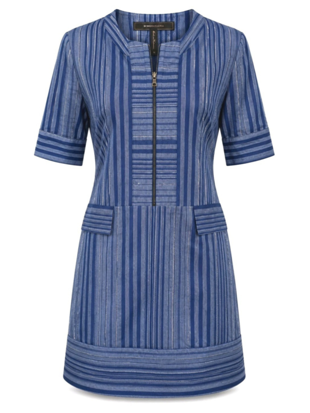BCBGMAXAZRIA Blue Stripe Metallic Zip Front Shift Dress Tunic Sz M NWT